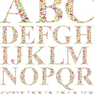 May include: A full alphabet of capital letters, each intricately designed with a floral pattern. The flowers are in shades of pink, yellow, and orange, with green leaves. The letters are set against a white background.
