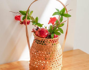 Handwoven Natural Bamboo Basket with Handle, Rustic Flower Vase