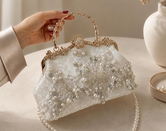 Bridal Clutch Bag, Pearl Beaded Lace Evening Purse with Gold Handle, White Wedding Handbag for Bride Party Gift