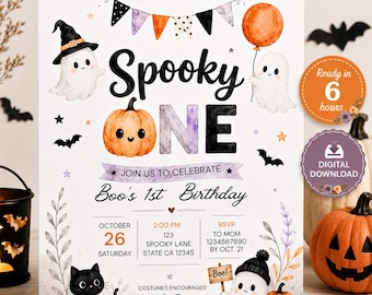 May include: A rectangular birthday invitation card featuring watercolor illustrations of ghosts, a pumpkin, a black cat, and bats. The text reads: Our little ghost is turning Spooky One, Join us to celebrate Boo's 1st Birthday, October 26, 2:00 PM.