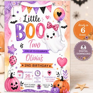 May include: A rectangular birthday invitation card featuring a watercolour ghost with a pink polka dot bow, orange and purple pumpkins, balloons, and bunting. The text reads Little BOO is Two, Olivia's 2nd Birthday, Saturday 26 October, 2:00 PM to 4:00 PM.