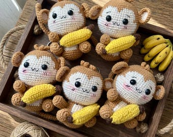 Crocheted Banana Monkey Keychain, Amigurumi Plush Bag Charm, Kawaii Animal Accessory