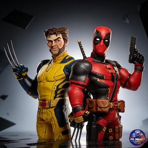 May include: Two superhero figurines: Wolverine in a yellow and blue suit with claws extended, and Deadpool in a red and black suit, holding a gun. The figures are detailed and stand side-by-side, showcasing their iconic designs.