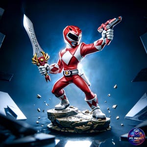 May include: A red and white Power Ranger action figure holding a silver sword and a red blaster. The figure is posed on a rocky base against a blue background. The figure is wearing a red suit with white accents and a white helmet.