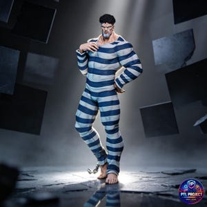 May include: A muscular figure in a blue and white striped prison uniform stands barefoot, with shackles on one ankle. The figure has a stern expression and dark hair. The background is a dark, abstract setting with floating geometric shapes.