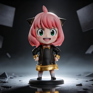 May include: A detailed figurine of a character with pink hair, green eyes, and a smiling expression. The figure wears a black dress with gold accents and stands on a black base. The overall design is reminiscent of anime or manga.