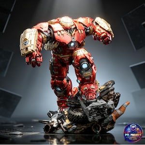 Könnte beinhalten: Eine detaillierte rot-goldene Actionfigur eines Roboter-Superhelden, der auf einer felsigen Basis mit Trümmern posiert. Die Figur hat komplizierte Rüstungsdetails und leuchtende blaue Akzente. Die Basis umfasst einen Reifen und einen Verkehrskegel.