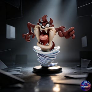 May include: A detailed figurine of the Tasmanian Devil, a cartoon character, in a dynamic pose. The figure features a brown and tan color scheme with an open mouth and a swirling tornado base. The figurine is on a black base.