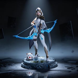 Estatua STL de Ashe (Fanart) / Escala 1/6 / Arquera de hielo con arco de hielo y base de energía / Descarga del modelo en formato STL para impresión 3D