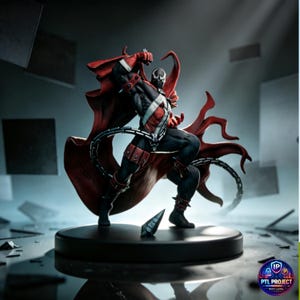 Könnte beinhalten: Detaillierte Figur von Spawn, einer Comicfigur, in einer dynamischen Pose. Die Figur ist überwiegend schwarz mit roten Akzenten, einem fließenden Umhang und einer Stachelkette. Sie steht auf einem schwarzen, kreisförmigen Sockel mit ein paar zerbrochenen Teilen.