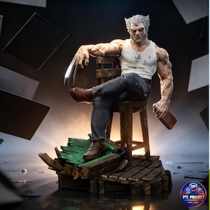 May include: A detailed figurine of Wolverine, seated on a wooden chair, with his iconic claws extended. He wears a white tank top, jeans, and brown boots. The base is a detailed diorama with green and brown elements. He is holding a brown bottle.