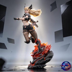 Puede incluir: Figura detallada de una guerrera rubia en el aire, con un atuendo negro y plateado. La figura está posada dinámicamente sobre una base rocosa y ardiente, con una espada en la espalda. La estética general es de fantasía.