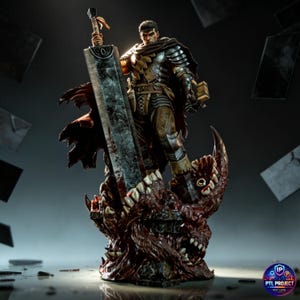 May include: A detailed statue of a warrior in silver armor, holding a large sword. The statue stands on a grotesque, red, monster-like base with sharp teeth. The warrior has a determined expression. The statue is a collectible item.