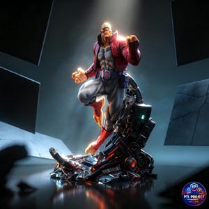 May include: A detailed figurine of a superhero with one eye, wearing a red jacket, grey trousers, and a blue belt. The figure is posed dynamically on a futuristic, mechanical base, with glowing effects. The overall theme is comic book art.