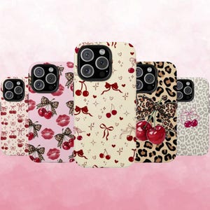 Cherry Coquette Phone Case, Cute Cherry Bow iPhone Case, Leopard Cherry Aesthetic Cover, Girly Pink Fruit Phone Case, Trendy Coquette Gift