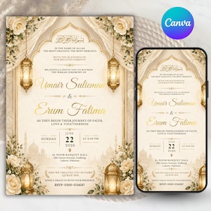 May include: A wedding invitation card and a smartphone displaying the same design. The cream-colored stationery features gold calligraphy, hanging lanterns, and floral accents. Text includes the names Umair Sulieman and Erum Fatima, the date June 22, 2026, and the location Al Noor Banquet Hall, 123, Green Avenue, Gulberg, Lahore, Pakistan.