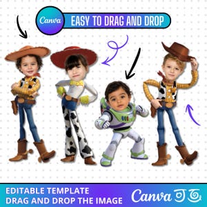 May include: A digital template featuring four character costumes with customisable faces. Two figures wear yellow shirts, vests, blue jeans, and brown cowboy hats. One figure wears a white shirt, cow-print trousers, and a red hat. One figure wears a space suit.
