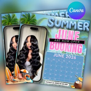 Puede incluir: Gráfico promocional con temática de verano. Presenta un calendario para junio de 2026, un teléfono que muestra a una mujer con cabello largo y ondulado e ilustraciones de playa. El texto incluye "Summer", "June Booking" e información de contacto.
