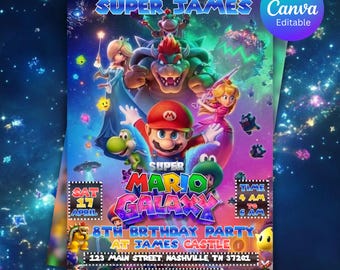Super Mario Galaxy Birthday Invitation, Awesome Mario Party Invite, Canva Template, Mobile & Printable, Digital Download, Space Galaxy Kid
