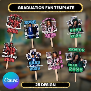 Puede incluir: Una colección de plantillas de abanicos de graduación con fotos, nombres y el año 2026. Los abanicos presentan varios colores y diseños, con las palabras "Graduation", "Senior" y "Class of 2026". El logotipo de Canva y "28 DESIGN" también son visibles.