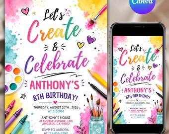 Convite para Festa de Aniversário com Tema de Arte, Convite para Festa de Pintura, Convite para Festa Artística, Convite "Vamos Pintar e Celebrar", Download Instantâneo, Faça Você Mesmo no Canva
