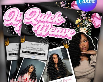 ヘアスタイリスト向けクイックウィーブフライヤーテンプレート、サロン向けスペシャルフライヤー、インストールプロモーションフライヤー、まつ毛美容フライヤー、Canva編集可能デザイン