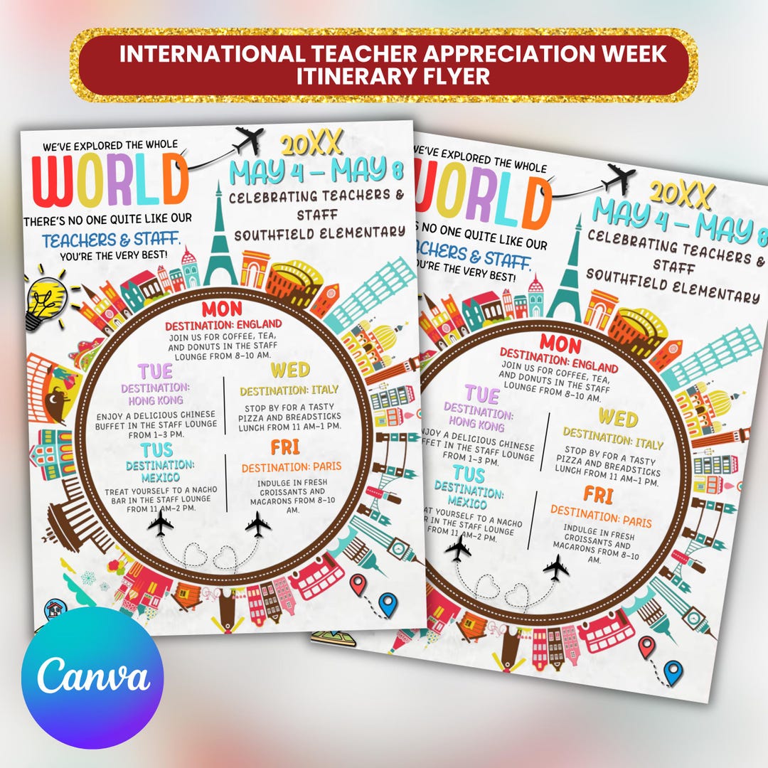 International Theme Teacher Appreciation Week Itinerary Flyer (canva ...