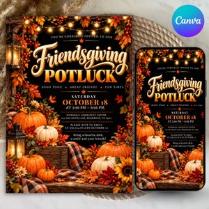 Op de afbeelding: Een Friendsgiving Potluck uitnodigingskaart met een zwarte achtergrond, oranje pompoenen, herfstbladeren, zonnebloemen, lichtsnoeren en lantaarns. De tekst luidt: Friendsgiving Potluck, zaterdag 18 oktober van 15:00 tot 18:00 uur.