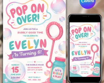 Convite de aniversário com bolhas em tons de azul pastel, convite para festa "Estoure Aqui", modelo editável no Canva, texto personalizável para imprimir, download instantâneo.