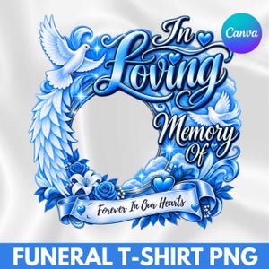 Puede incluir: Un diseño gráfico en azul y blanco con el texto In Loving Memory Of y Forever In Our Hearts. El diseño incluye dos palomas blancas, rosas azules, lirios y elementos decorativos en espiral que rodean un marco circular central.