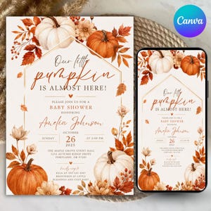 May include: A baby shower invitation card and a matching smartphone screen display featuring a white background with watercolor orange and white pumpkins, autumn leaves, and gold geometric frames. The text reads Our little pumpkin is almost here.
