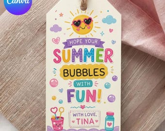 楽しい夏休みを過ごしましょうタグ、学年末タグテンプレート、夏休み教室キッズスクールギフトタグ、Canva編集可能