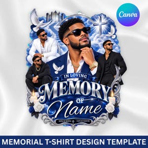 May include: A memorial t-shirt design template featuring a man in three poses, wearing a white suit, black hoodie, and black suit. The graphic includes white doves, a cross, clouds, candles, blue roses, and the text In Loving Memory of Name.