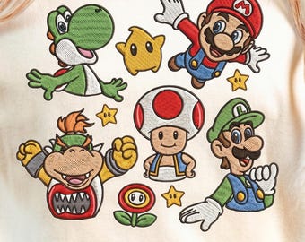 Diseño de bordado retro de Super Mario, archivo de Super Mario, archivo de Mario y sus amigos, fiesta de cumpleaños de Super Mario, camiseta familiar de Mario