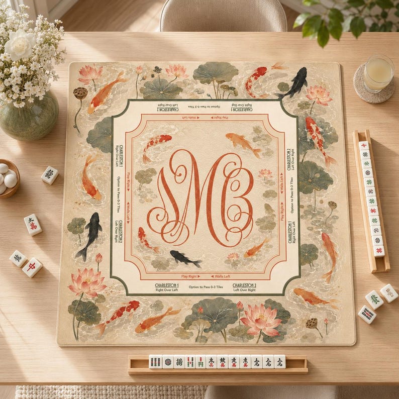 May include: A square mahjong mat featuring a beige background with a central red monogram of the letters SMB. The border is decorated with illustrations of orange, red, and black koi fish swimming among pink lotus flowers and green lily pads.