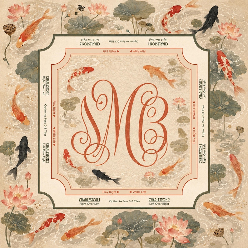 May include: A square Mahjong mat featuring a beige background with a central orange monogram of the letters MB. The border displays koi fish in orange, white, and black, alongside pink lotus flowers and green lily pads, with game instructions.