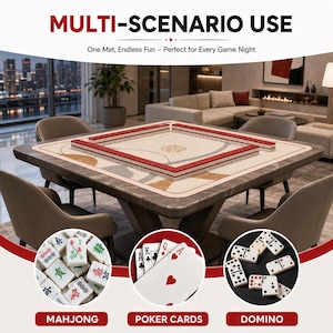 May include: A square game mat with a cream-colored surface, red border, and abstract tan and gray shapes, featuring a square arrangement of red and white mahjong tiles. Below, circular insets show mahjong tiles, playing cards, and dominoes.