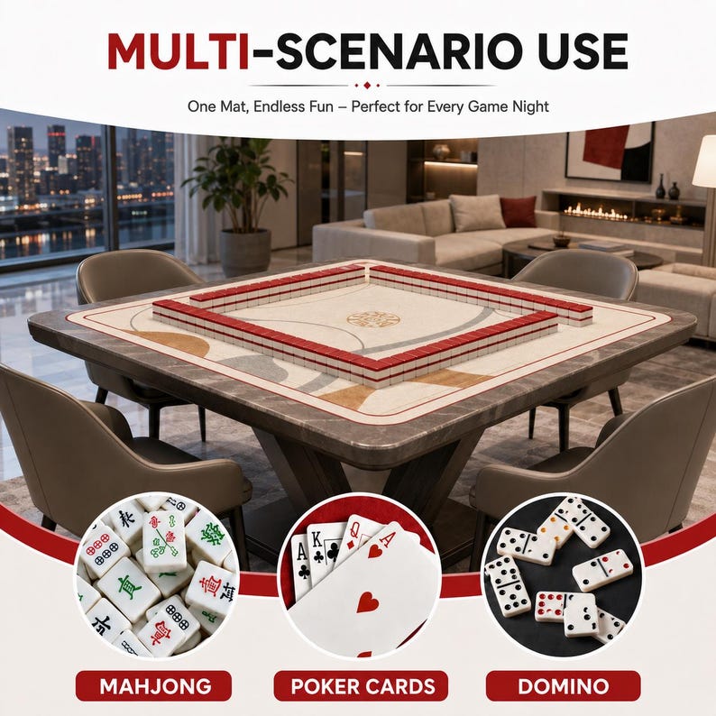 May include: A square game mat with a cream-colored surface, red border, and abstract tan and gray shapes, featuring a square arrangement of red and white mahjong tiles. Below, circular insets show mahjong tiles, playing cards, and dominoes.