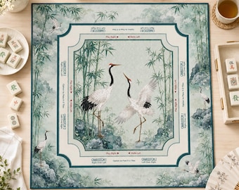 Luxury Lotus Crane Mahjong Mat, Personalized Square Game Mat, Custom Monogram Mahjong Table Cover, Elegant Gift