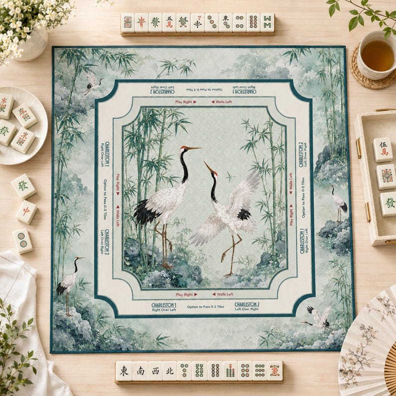 May include: A square Mahjong mat featuring a light green bamboo forest scene with two large cranes in the center. The mat includes printed game instructions and directional text like Charleston 1 and 2, Play Right, and Walls Left in English.
