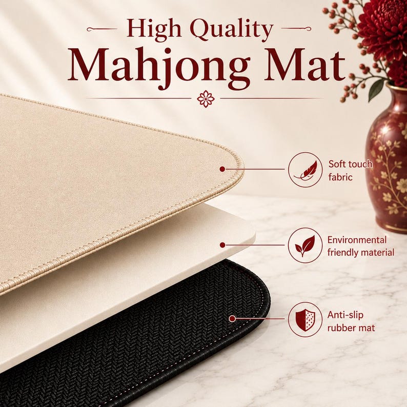 May include: A beige Mahjong mat with a soft-touch fabric top, an environmentally friendly middle layer, and a black anti-slip rubber base with a herringbone texture. The text High Quality Mahjong Mat is displayed above the mat layers.