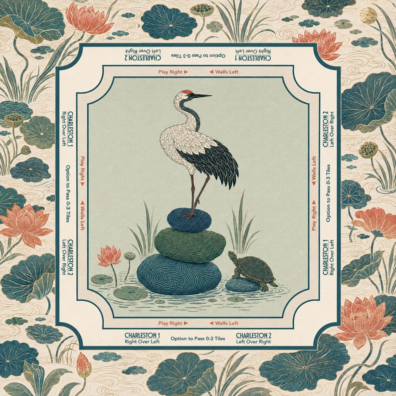 Luxury Lotus Crane Mahjong Mat, Personalized Square Game Mat, Custom Monogram Mahjong Table Cover, Elegant Gift image 2