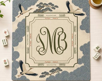 Personalized Mahjong Mat, Crane Cloud Mahjong Table Mat, Custom Monogram Game Mat, Elegant Asian Mahjong Gift