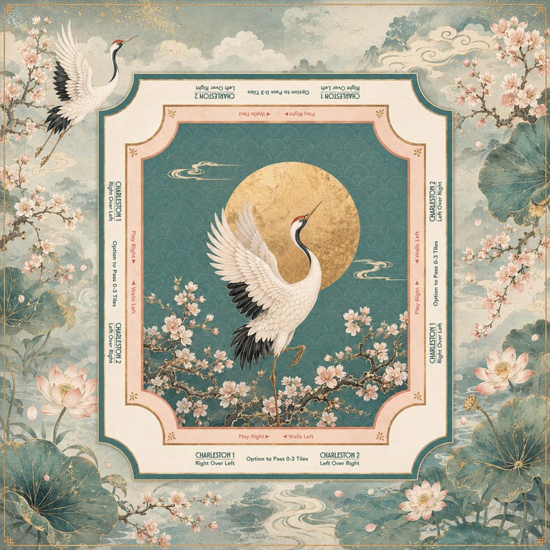 Op de afbeelding: Een vierkante Mahjong-mat met een centrale witte kraanvogel met zwarte vleugelpunten voor een grote gouden maan. De groenblauwe achtergrond toont kersenbloesems en lotusbloemen. De rand bevat tekstinstructies voor Charleston 1 en 2.