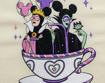 Vintage Disney Maleficent Teeparty Gestickte Datei, Disneyland Lustiges Feengeschenk, Dornröschen Bösewicht, Disney Familienurlaub