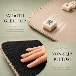 May include: A beige mahjong mat featuring a smooth glide top surface for tile movement and a black non-slip bottom. The mat includes text labels stating SMOOTH GLIDE TOP and NON-SLIP BOTTOM, with white mahjong tiles displaying green and red characters.