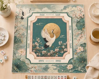 Custom Monogram Game Mat, Personalized Mahjong Mat, Crane Lotus Mahjong Table Mat,  Elegant Asian Mahjong Gift