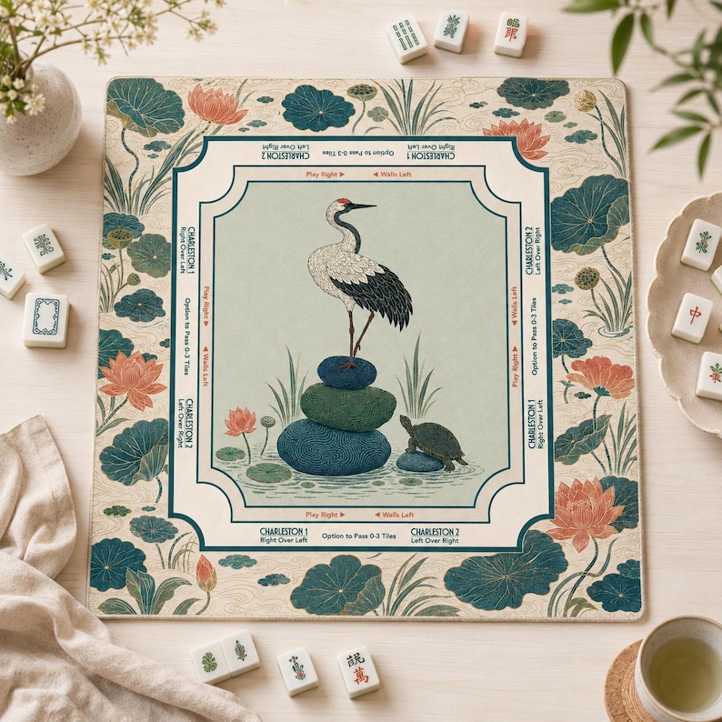 May include: A square Mahjong mat featuring a central illustration of a crane standing on stacked stones next to a turtle. The border displays lotus flowers and leaves on a cream background. Text includes Charleston instructions and directional arrows.