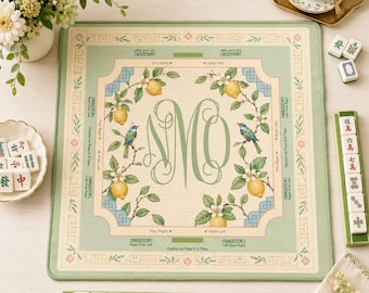 Personlig Mahjongmatta, Citronfågel Mahjong-bordsmatta, Anpassad monogram-spelmatta, Pastellgrön Mahjong-present