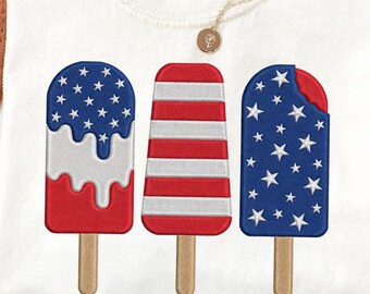 Bestickte 4. Juli Popsicle-Datei, Vaterländisches Eis-T-Stück, USA-Flaggen-Shirt, Unabhängigkeitstag-Shirt, Sommer-Patrianisches Hemd